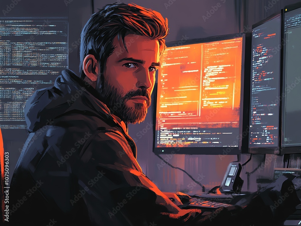 Poster A bearded man in a dark hoodie sits in front of multiple computer monitors with code displayed, looking intently at the viewer.