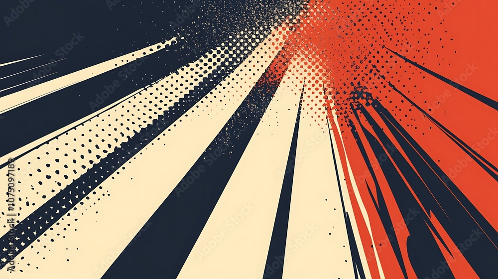 Poster abstract background with red, black, and white diagonal lines and dots.