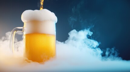 Close-up of a draft beer being poured into a frosty mug, foam cascading down.