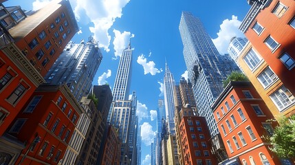 A low-angle photograph of tall buildings the sky