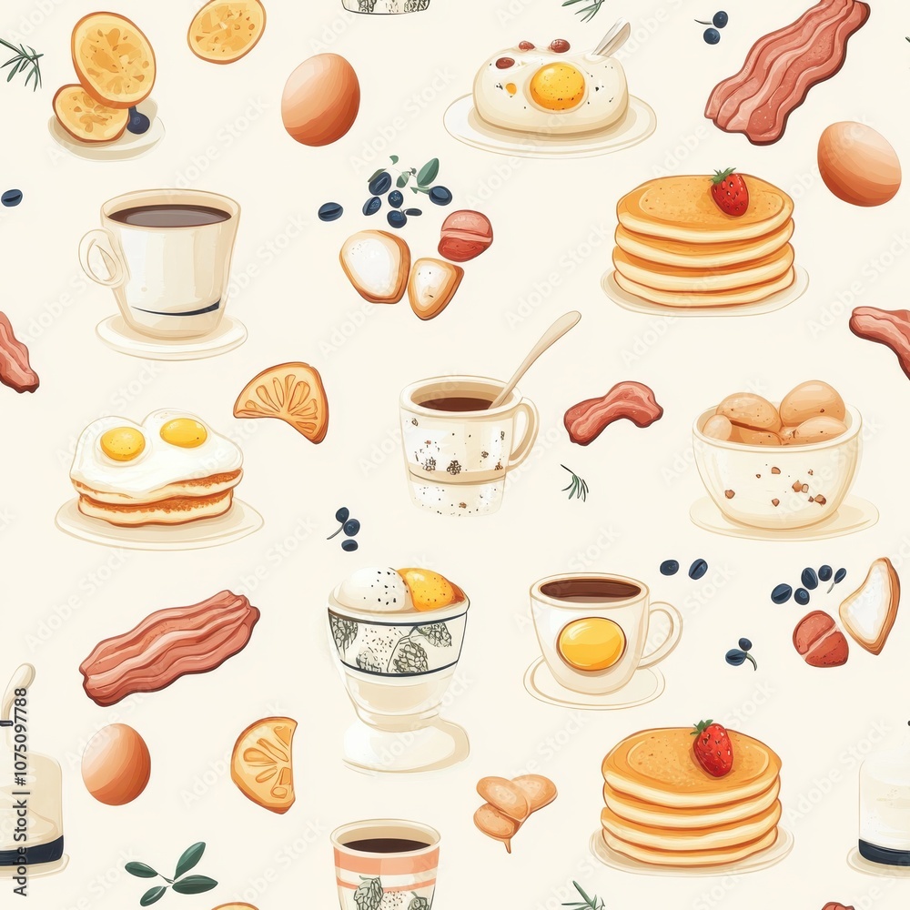 Poster a delightful pattern showcasing an assortment of breakfast foods including pancakes, eggs, and bacon