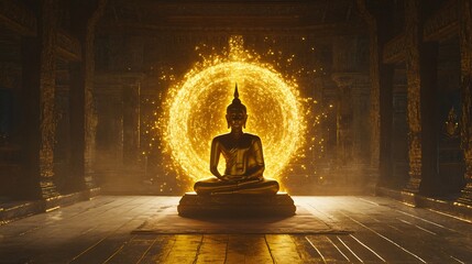 Golden Buddha Statue in Temple with Glowing Halo