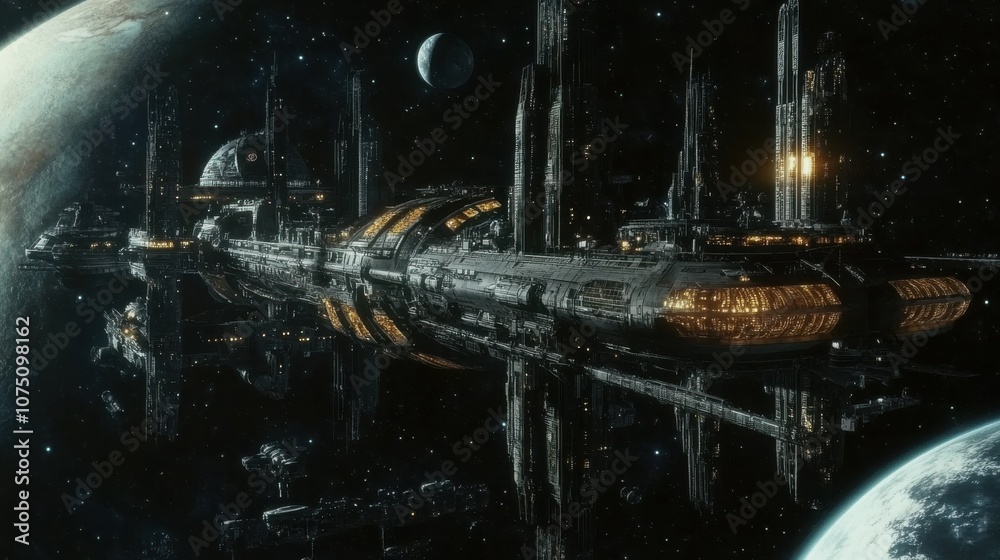 Aufkleber a colossal city-sized space station orbiting a distant planet in the dark expanse of space during a 