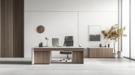 Minimalist office interior featuring a sleek desk, ergonomic chair, and decorative elements in a serene environment