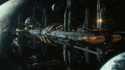 A colossal city-sized space station orbiting a distant planet in the dark expanse of space during a quiet moment of exploration