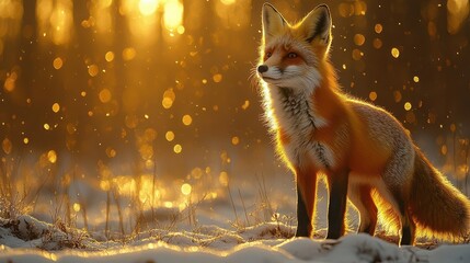 graceful red fox standing in a snowy winter forest at sunset, with soft golden light illuminating its fur, embodying the beauty of wildlife in a serene setting