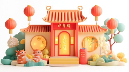 Obraz premium A vibrant, traditional Chinese building adorned with lanterns, showcasing cultural heritage.