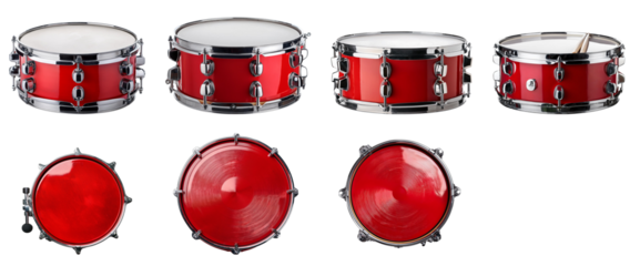 Red drums, various sizes, positioned against a white isolated background.