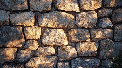Obraz premium Intricate Shadows on Stone Walls, warm sunset light creating detailed patterns on rugged surfaces, evoking tranquility and beauty.
