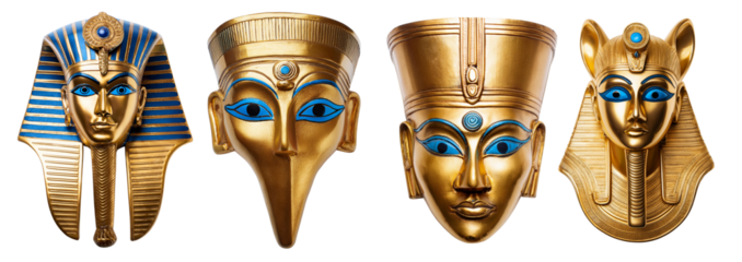 Ancient Egyptian pharaoh masks with vibrant colors on a white isolated background.