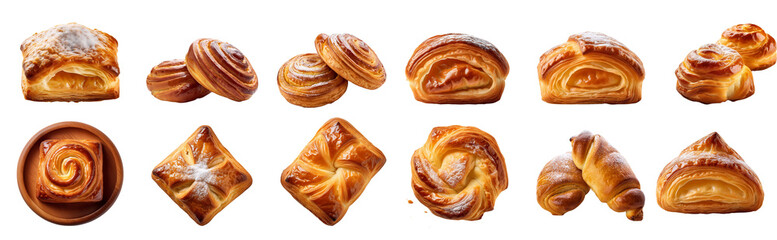 Fototapeta premium Assortment of delicious baked pastries on a white isolated background.