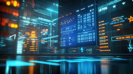Futuristic stock exchange display screen with vibrant indicators showcasing market trends and data analytics in a high-tech setting
