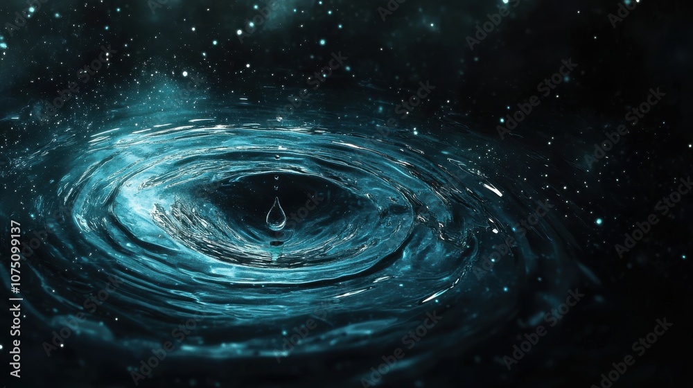Poster a futuristic water droplet creating ripples in a dark, starry atmosphere at an unspecified time, sho
