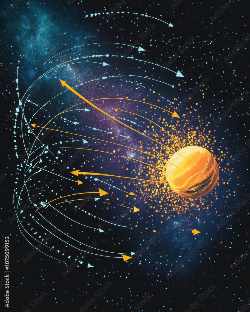 Poster A colorful graphic representation showing Earth's motion through space amidst a backdrop of stars and cosmic elements
