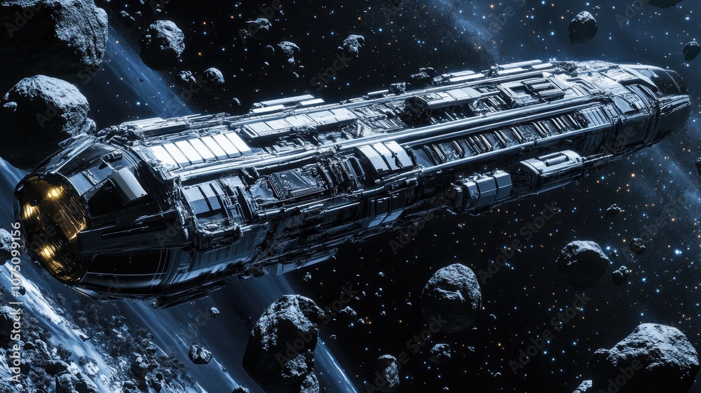Poster a futuristic cargo spaceship traversing an asteroid belt in deep space for interstellar transport an