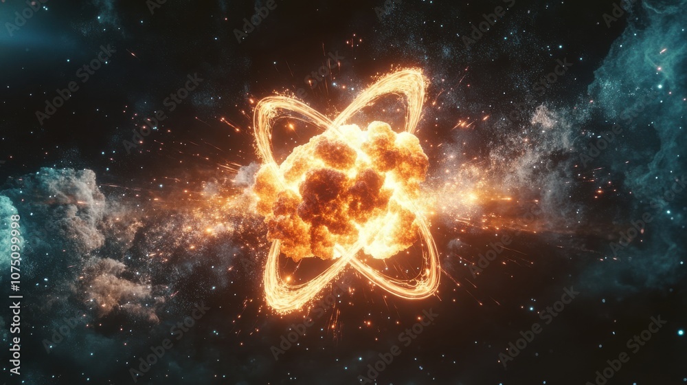 Poster a vibrant explosion of an atom illuminated against a dark cosmic backdrop, showcasing energy and mov