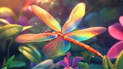 Colorful Dragonfly With Iridescent Wings Flying Amidst Vibrant Flowers and Lush Greenery in a Dreamy Natural Environment