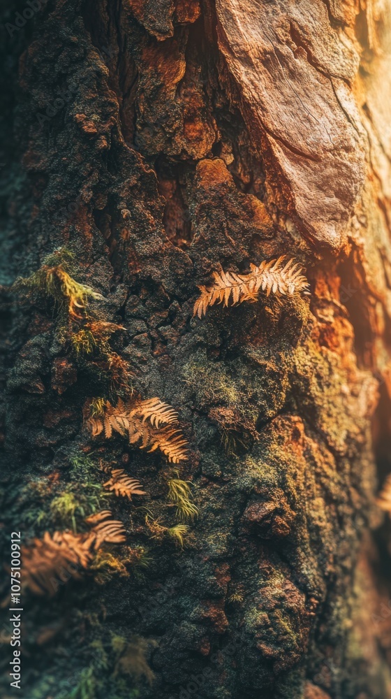 Poster A close-up view of the textured bark of a giant tree adorned with delicate ferns in a sunlit forest during the golden hour