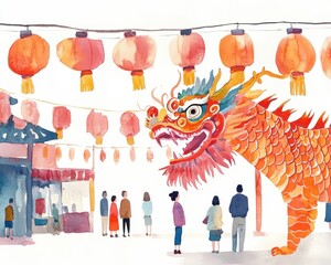 Fototapeta premium A vibrant illustration of a dragon dance during a colorful festival celebration.