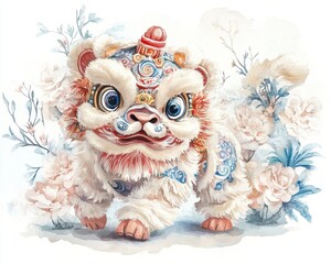 Obraz premium A vibrant illustration of a lion dance figure surrounded by elegant flowers.