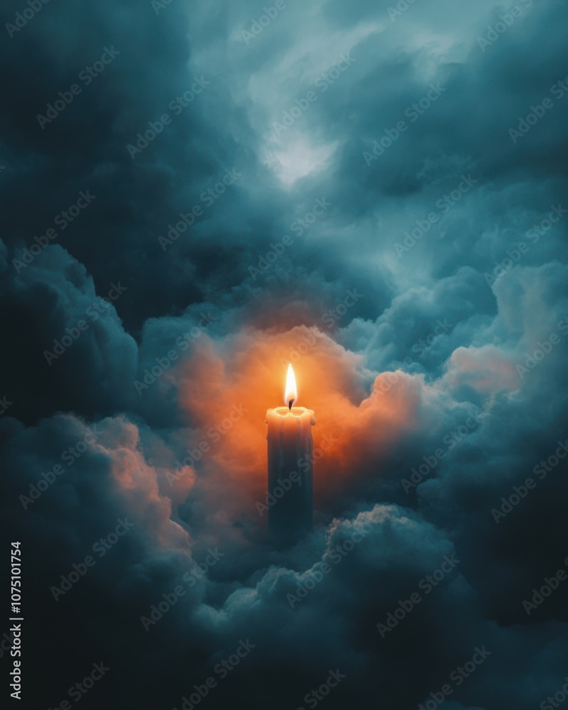 Aufkleber A vibrant candle flame illuminates a misty, dramatic background of dark clouds, creating an enchanting double exposure effect