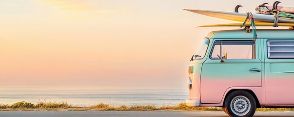Colorful vintage van parked by the seaside at sunset.