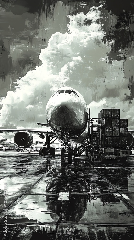 Poster A cargo plane is parked on the tarmac with cargo containers stacked behind it.  The plane is in focus, while the containers and tarmac are blurred, creating a sense of motion and travel.