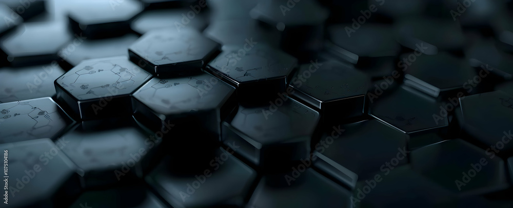 Poster 3d render of a dark black abstract background with a hexagonal pattern texture