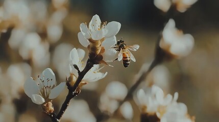 Close-Up of a Bee Pollinating Delicate White Flowers in a Beautiful Nature Scene Capturing the Essence of Spring with Vibrant Honeybee Activity