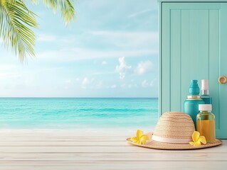 Travel locker with tropical vacation items, beach hat, swimsuit, and sunscreen, summer vibe