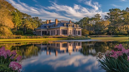 Obraz premium A stunning view of a historic plantation reflecting in tranquil waters surrounded by blooming flowers at sunset