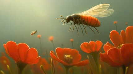 Naklejka premium Delicate Orange and Black Bee Hovering Above Vibrant Red Flowers in Sunlit Meadow Creating a Serene Atmosphere of Nature and Pollination