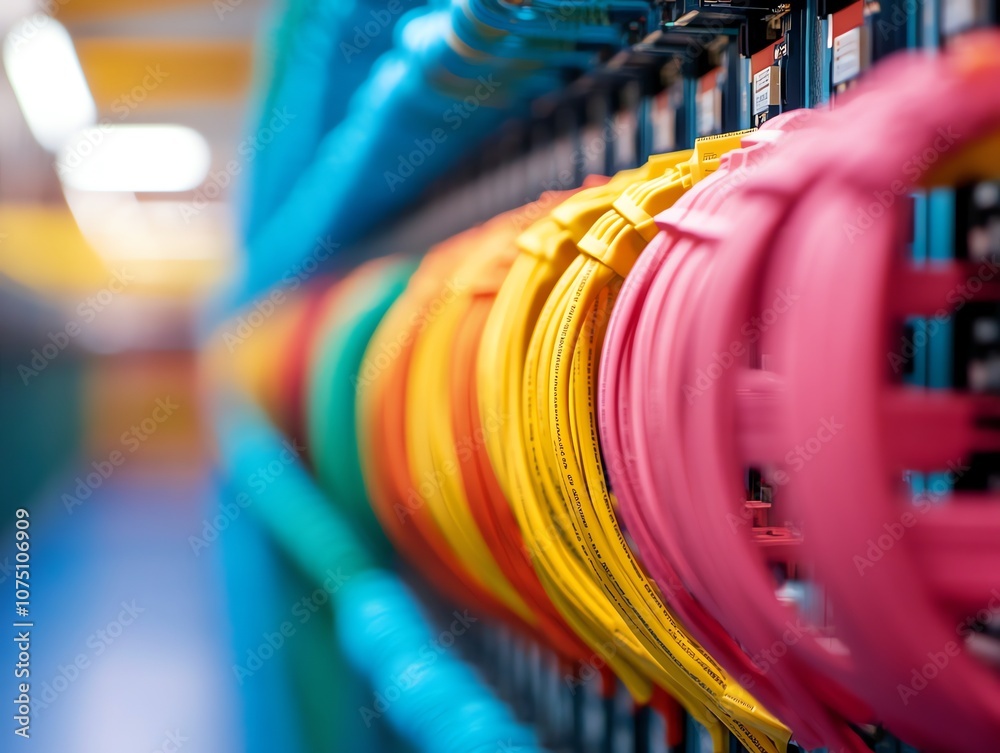 Aufkleber A close-up of colorful network cables plugged into a server rack in a data center.