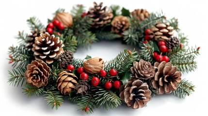 A festive Christmas wreath with red berries and pine cones, isolated on white background