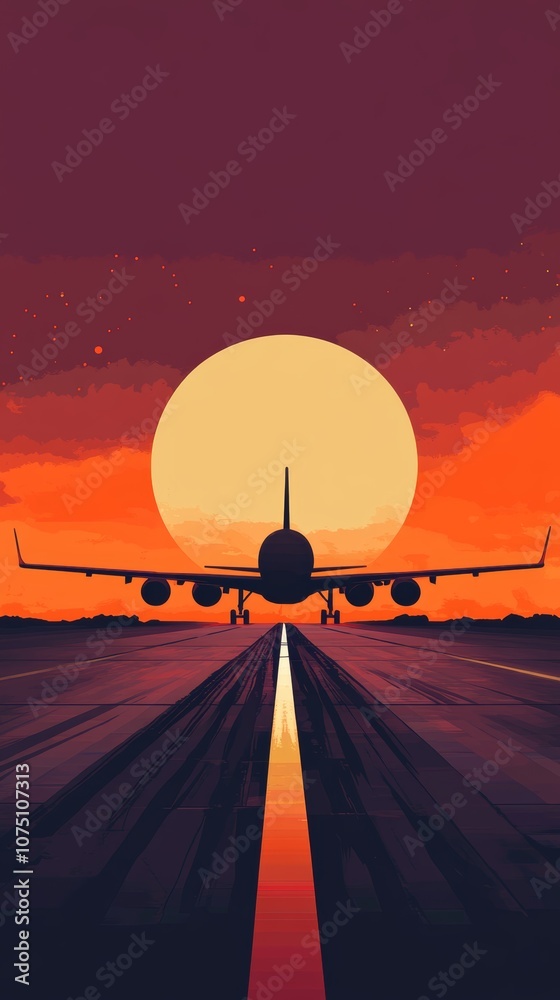Poster Airplane is taking off from a runway with a big sun setting in the background. The sky is a beautiful orange and red color