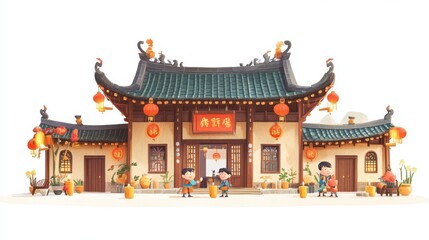 Obraz premium A vibrant traditional Asian-style building decorated with lanterns and bustling activity.