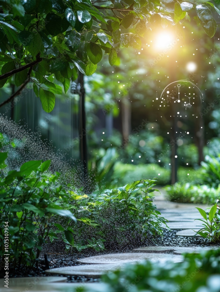 Aufkleber This lush smart garden features automated sprinklers and soil sensors, thriving under the warm glow of the setting sun. Generative AI