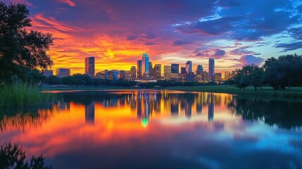 Fototapeta premium Stunning Dallas skyline at sunset reflected in calm waters with vibrant clouds and city lights illuminating the evening sky