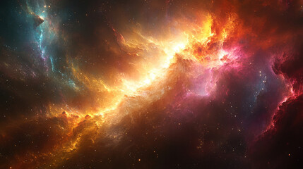 Obraz premium A colorful cosmic nebula reveals a stunning array of bright hues, swirling gas clouds, and distant stars, creating a mesmerizing spectacle in space