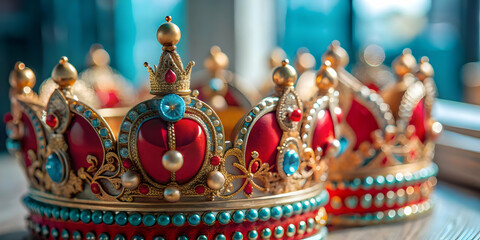 Fototapeta premium Detailed Close Up of Reyes Magos Traditional Crowns Showcasing Intricate Designs and Festive Embellishments Ideal for Magazine Advertisements and Banners with Ample Copy Space for Text