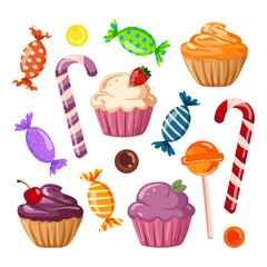 Set of sweets Various sweets, marshmallows, lollipops, cupcakes, candies in glossy wrappers for Thanksgiving and Christmas holidays. Confectionery, sweets and desserts Vector illustration on white