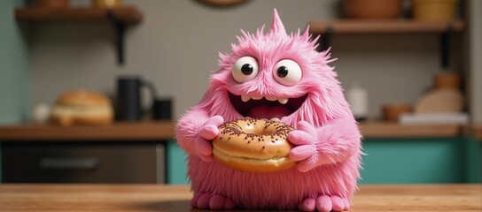 A funny adorable overweight pink creature with a sweet tooth holds a donut on National Donut Day or Fat Thursday suitable for menus at cafes pizzerias and fast-food establishments during culinary