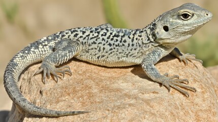 Fototapeta premium Detailed Close-Up of a Lizard Sunbathing on a Rock in a Natural Desert Habitat, Showcasing Its Unique Skin Pattern and Coloration