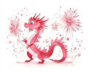 Obraz premium A whimsical pink dragon surrounded by colorful fireworks, celebrating joy and festivity.