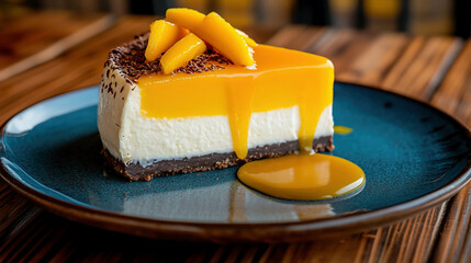 mango coconut cheesecake, Mango and milk cheesecake, a delicious food photo. A delicious slice of mango-honey layered cheesecake with a yellow dripping liquid sauce on top, side view, on a blue plate,