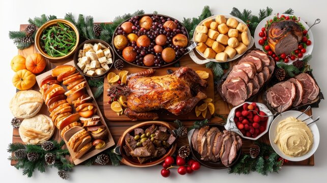 A full Christmas dinner spread with all the trimmings, isolated on white