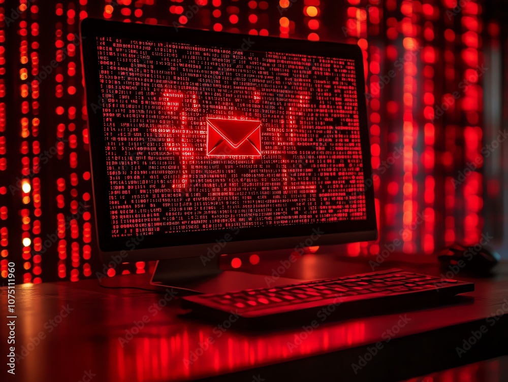 Fototapete A computer screen displaying a red envelope icon with code on the screen in a red light backdrop.