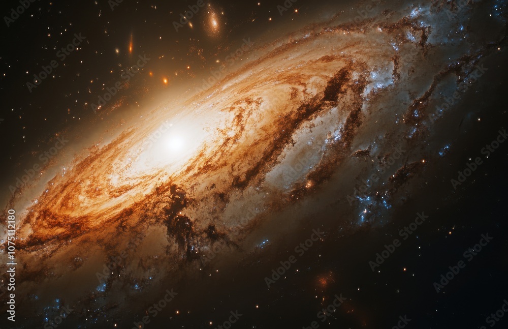 Poster A spiral galaxy in space, with bright stars and nebulae around it. The background is dark to highlight the object. Some dust particles are visible.