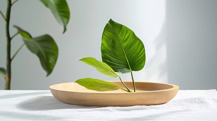 Lush Green Leaves in a Bamboo Bowl: A Minimalist Nature-Inspired Still Life