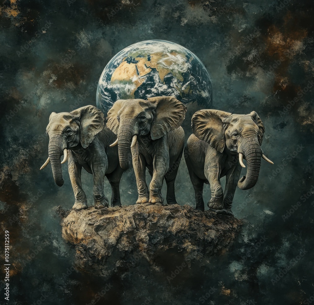 Poster earth on three elephants in the middle of the vastness of outer space